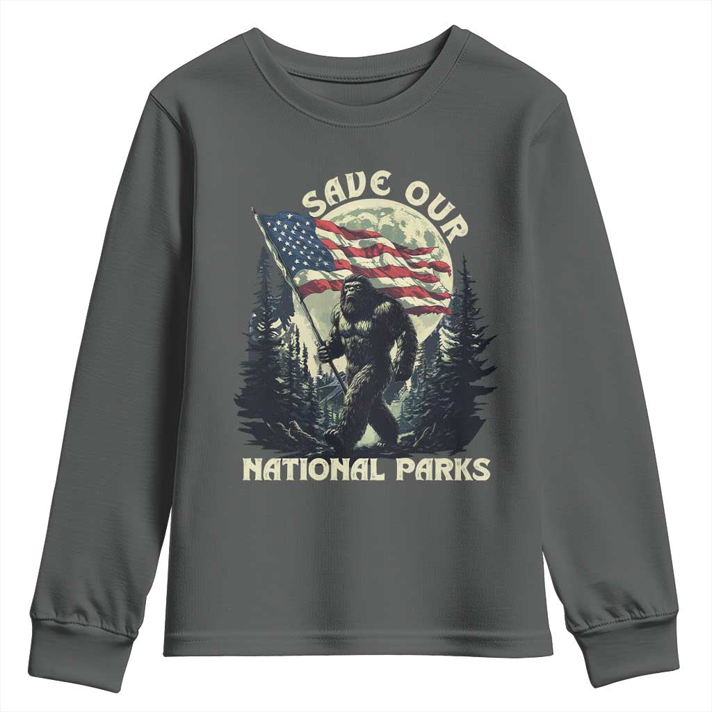 Save Our National Parks Bigfoot Youth Sweatshirt Vintage American Flag TS11 Dark Heather Print Your Wear