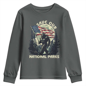 Save Our National Parks Bigfoot Youth Sweatshirt Vintage American Flag TS11 Dark Heather Print Your Wear