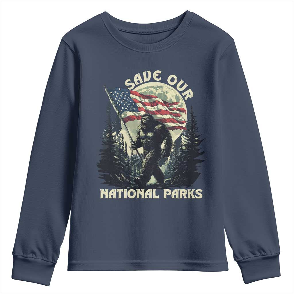 Save Our National Parks Bigfoot Youth Sweatshirt Vintage American Flag TS11 Navy Print Your Wear