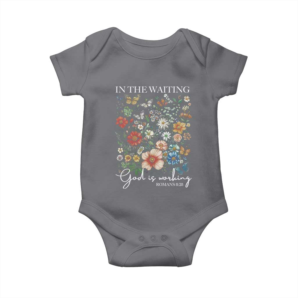 In The Waiting God Is Working Baby Onesie Religious Christian Bible Verse Flower TS11 Charcoal Print Your Wear
