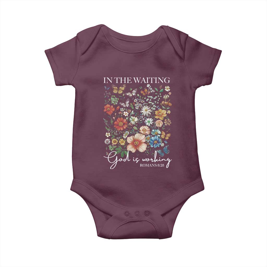 In The Waiting God Is Working Baby Onesie Religious Christian Bible Verse Flower TS11 Maroon Print Your Wear