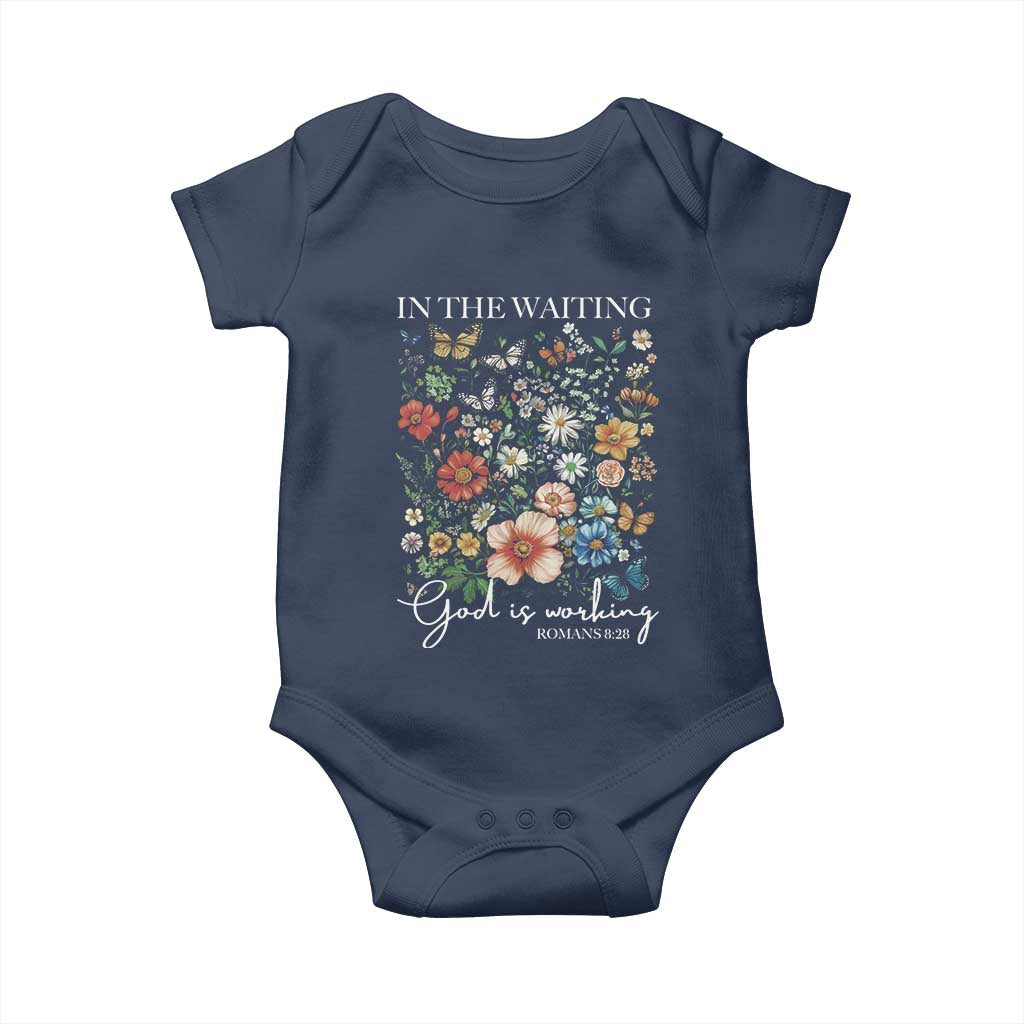 In The Waiting God Is Working Baby Onesie Religious Christian Bible Verse Flower TS11 Navy Print Your Wear
