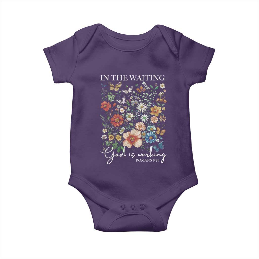 In The Waiting God Is Working Baby Onesie Religious Christian Bible Verse Flower TS11 Purple Print Your Wear