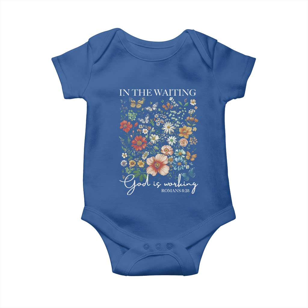 In The Waiting God Is Working Baby Onesie Religious Christian Bible Verse Flower TS11 Royal Blue Print Your Wear