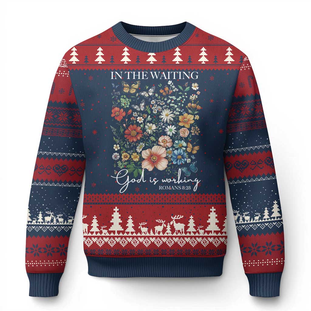 In The Waiting God Is Working Ugly Christmas Sweater Religious Christian Bible Verse Flower TS11 Navy Red Print Your Wear