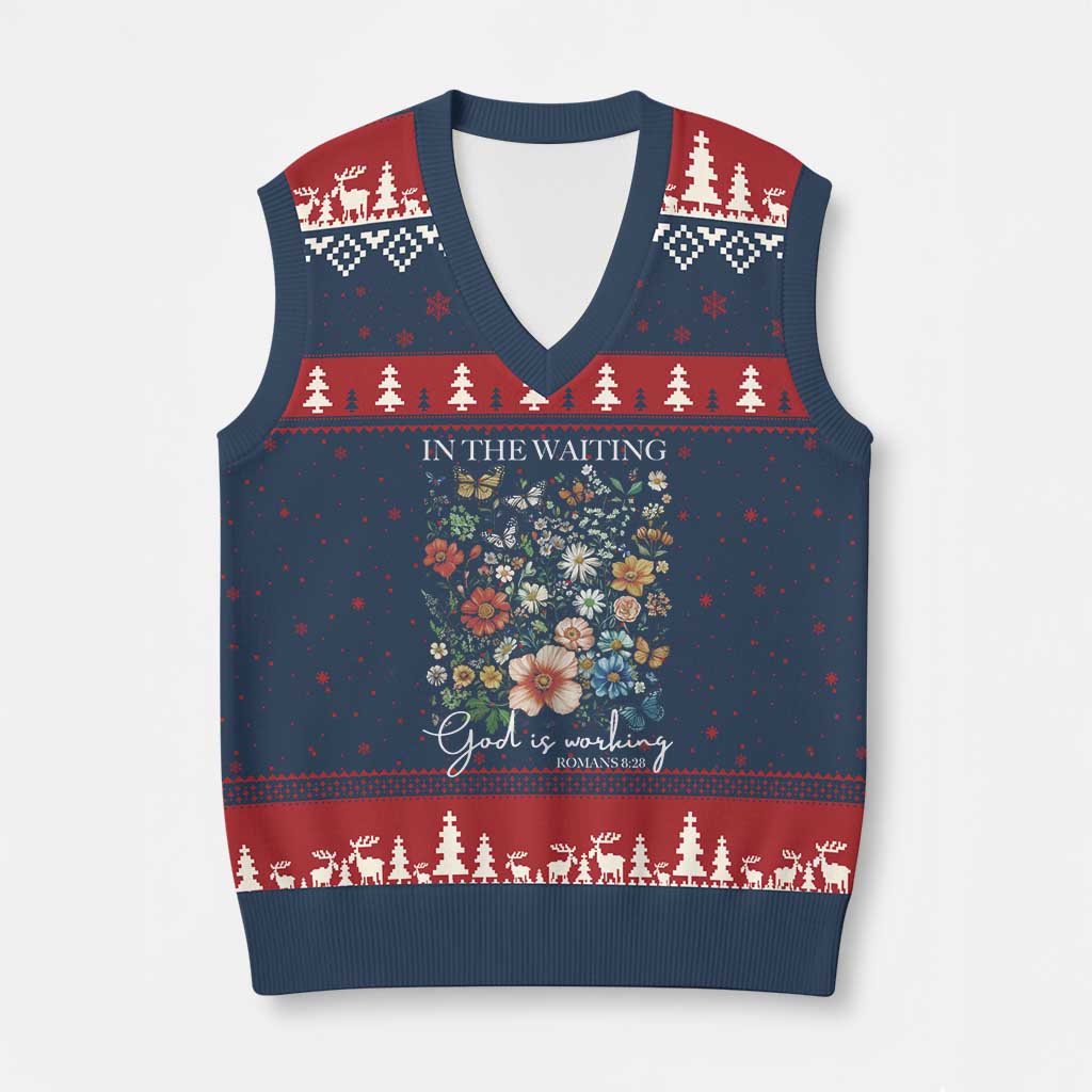 In The Waiting God Is Working V-Neck Knit Sweater Vest Religious Christian Bible Verse Flower TS11 Navy Red Print Your Wear