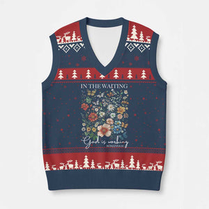 In The Waiting God Is Working V-Neck Knit Sweater Vest Religious Christian Bible Verse Flower TS11 Navy Red Print Your Wear