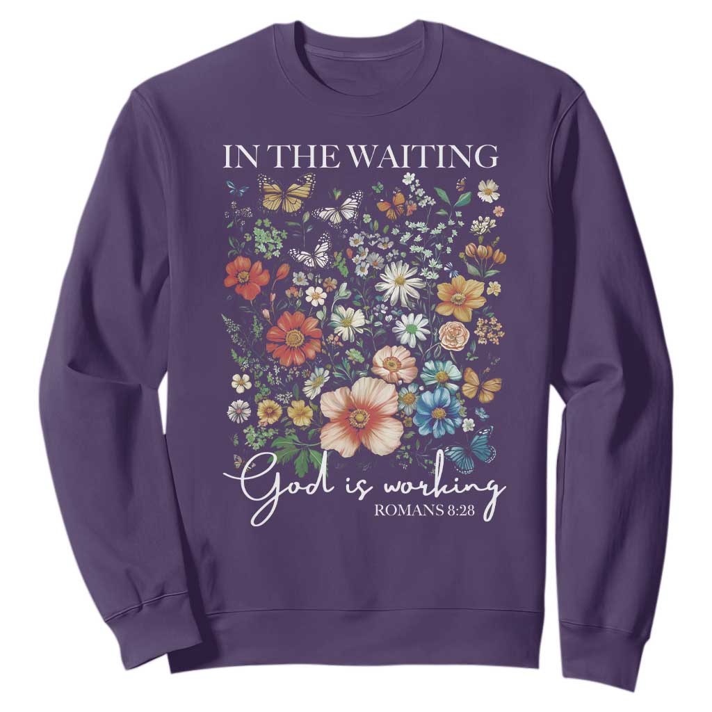 In The Waiting God Is Working Sweatshirt Religious Christian Bible Verse Flower TS11 Purple Print Your Wear