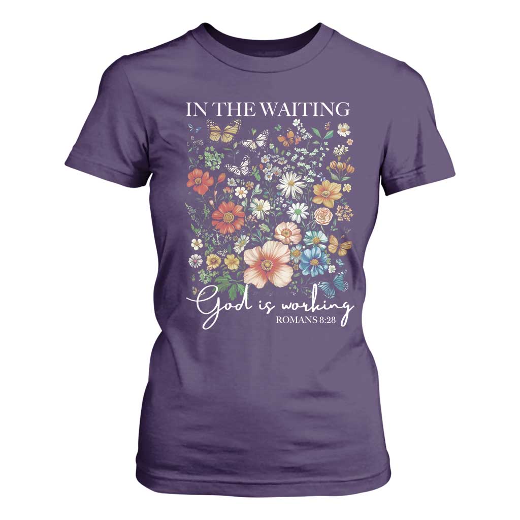 In The Waiting God Is Working T Shirt For Women Religious Christian Bible Verse Flower TS11 Purple Print Your Wear