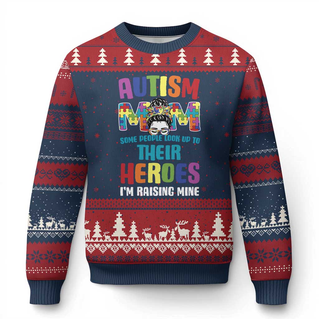 Autism Mom Some People Look Up Their Heroes I'm Raising Mine Ugly Christmas Sweater Autism Awareness TS11 Navy Red Print Your Wear