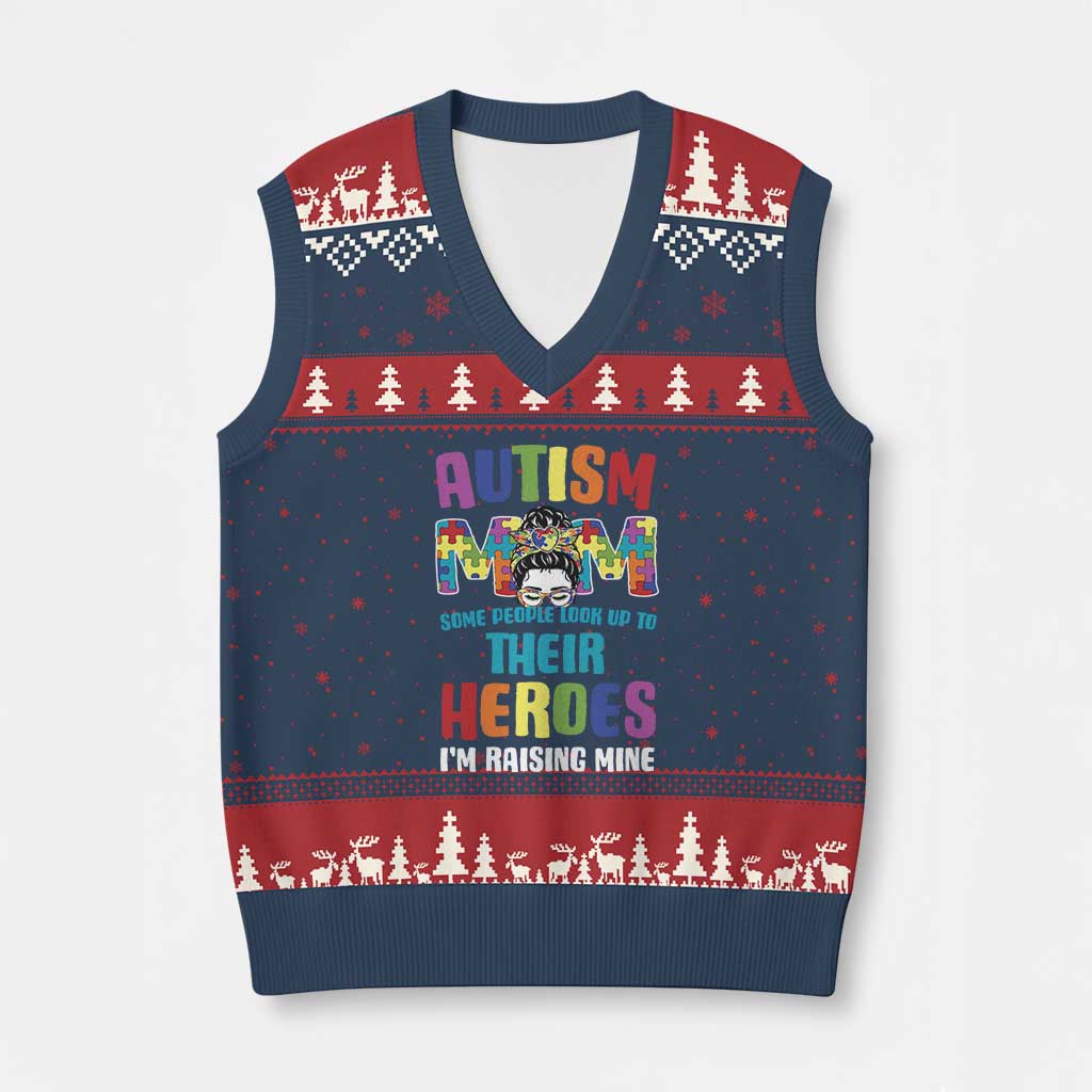 Autism Mom Some People Look Up Their Heroes I'm Raising Mine V-Neck Knit Sweater Vest Autism Awareness TS11 Navy Red Print Your Wear
