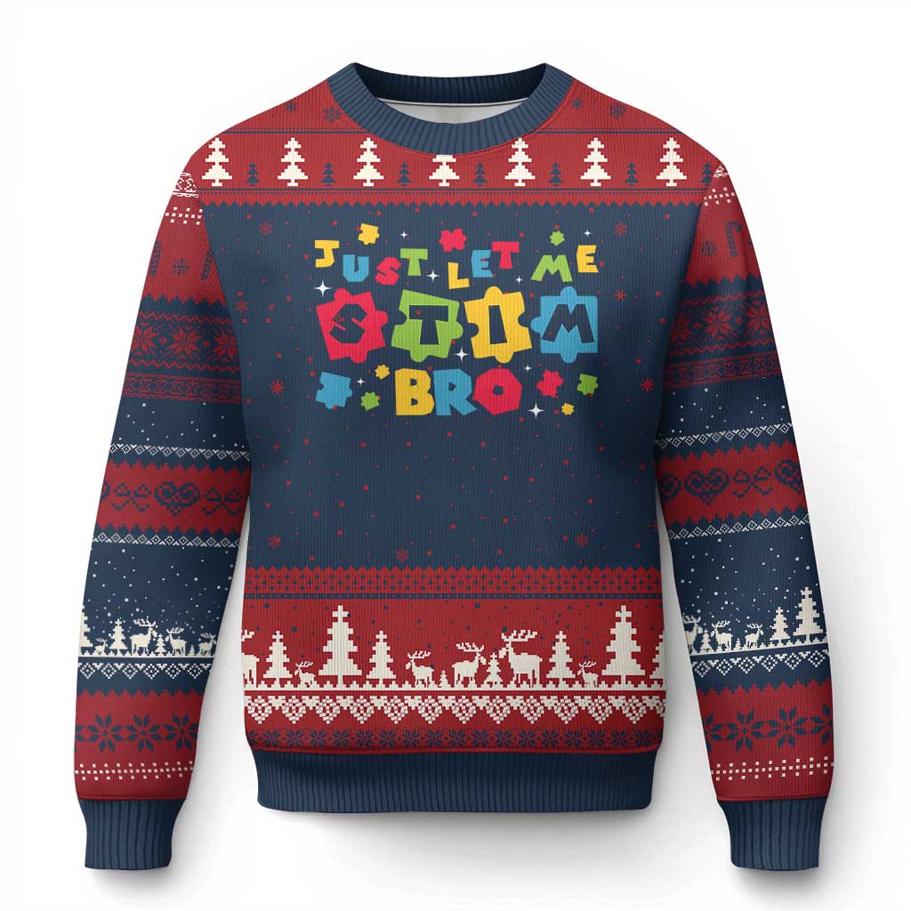 Funny Just Let Me Stim Bro Ugly Christmas Sweater Autism Awareness Puzzle TS11 Navy Red Print Your Wear
