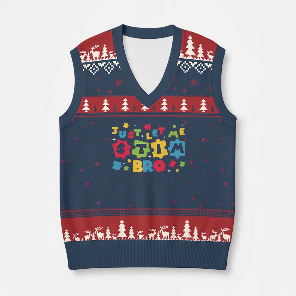 Funny Just Let Me Stim Bro V-Neck Knit Sweater Vest Autism Awareness Puzzle TS11 Navy Red Print Your Wear