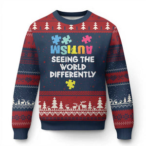 Autism Seeing The World Differently Ugly Christmas Sweater Autistic Autism Awareness Puzzle TS11 Navy Red Print Your Wear