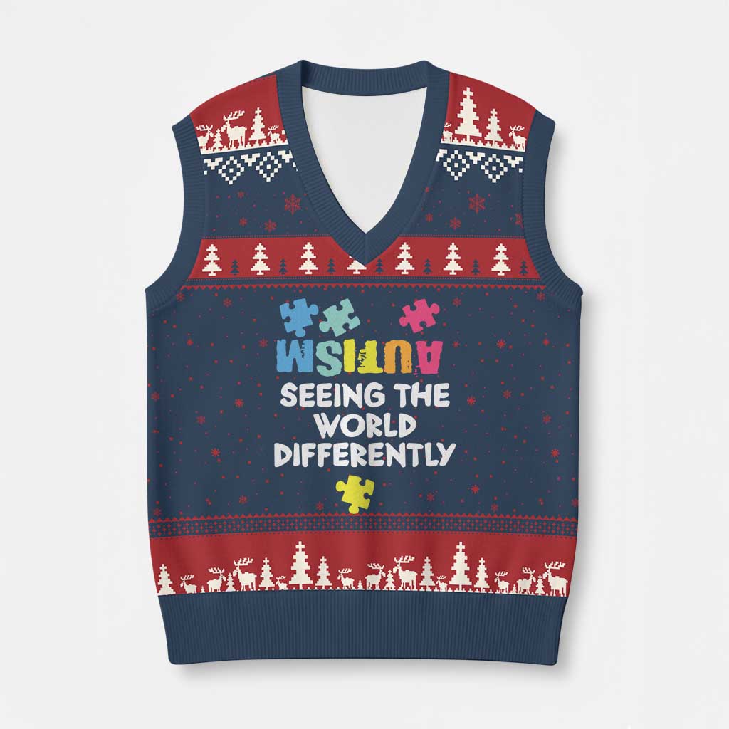 Autism Seeing The World Differently V-Neck Knit Sweater Vest Autistic Autism Awareness Puzzle TS11 Navy Red Print Your Wear