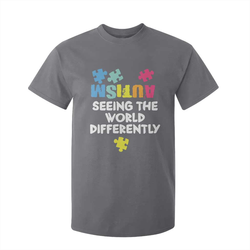 Autism Seeing The World Differently T Shirt For Kid Autistic Autism Awareness Puzzle TS11 Charcoal Print Your Wear