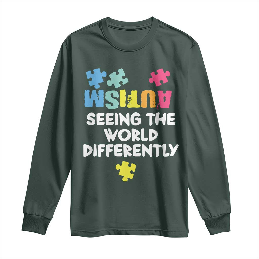 Autism Seeing The World Differently Long Sleeve Shirt Autistic Autism Awareness Puzzle TS11 Dark Forest Green Print Your Wear