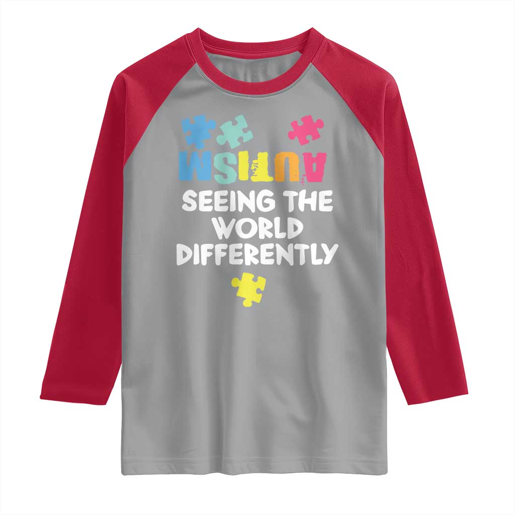 Autism Seeing The World Differently Raglan Shirt Autistic Autism Awareness Puzzle TS11 Sport Gray Red Print Your Wear