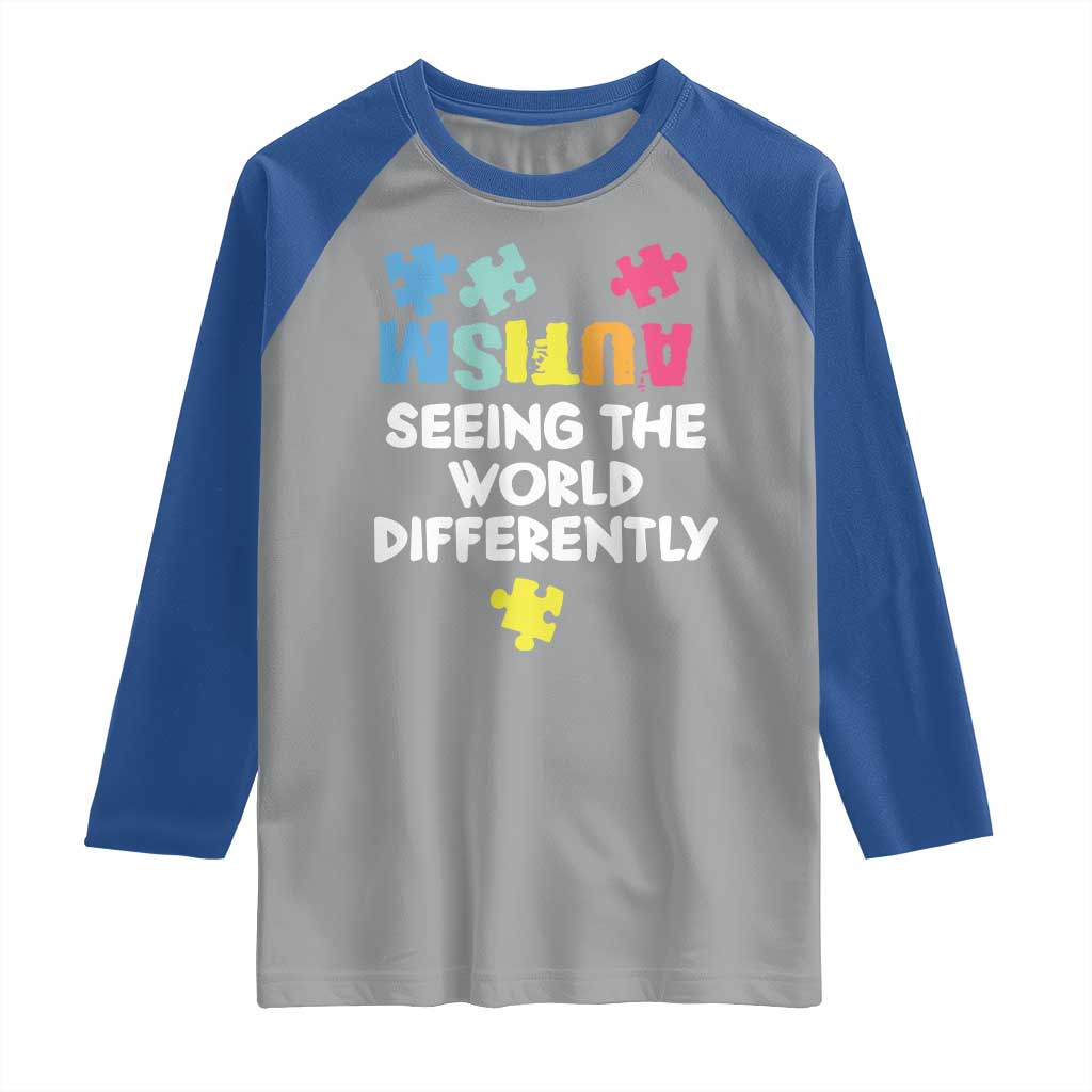 Autism Seeing The World Differently Raglan Shirt Autistic Autism Awareness Puzzle TS11 Sport Gray Royal Print Your Wear