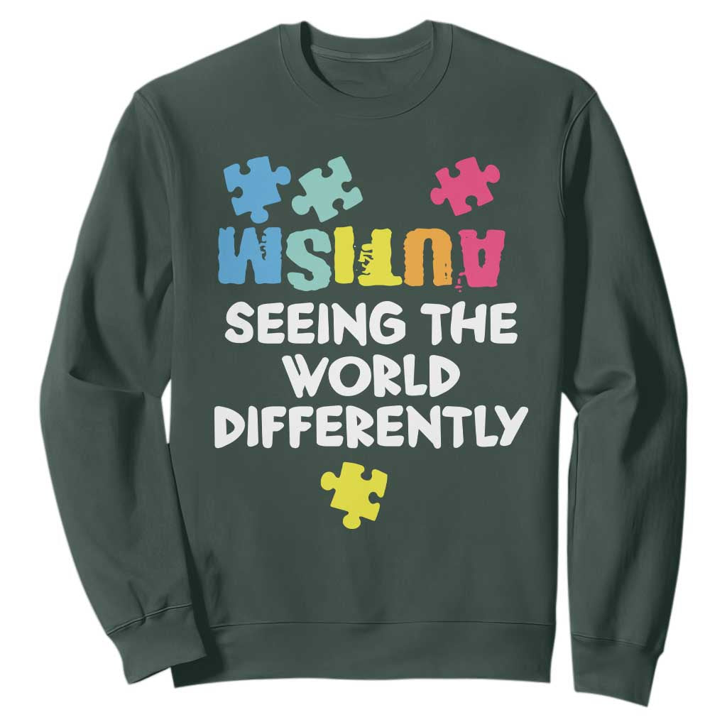 Autism Seeing The World Differently Sweatshirt Autistic Autism Awareness Puzzle TS11 Dark Forest Green Print Your Wear