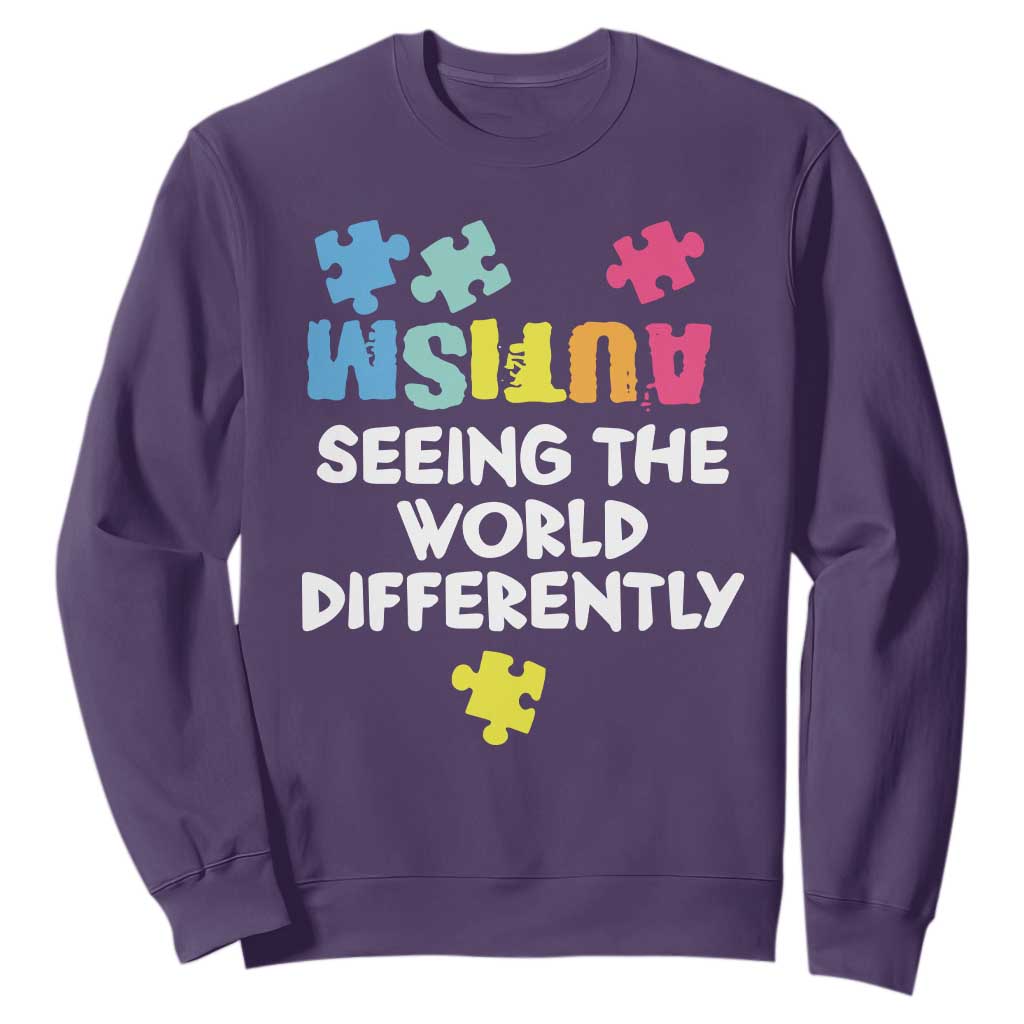 Autism Seeing The World Differently Sweatshirt Autistic Autism Awareness Puzzle TS11 Purple Print Your Wear