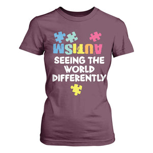 Autism Seeing The World Differently T Shirt For Women Autistic Autism Awareness Puzzle TS11 Maroon Print Your Wear