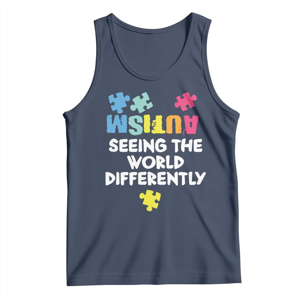 Autism Seeing The World Differently Tank Top Autistic Autism Awareness Puzzle TS11 Navy Print Your Wear