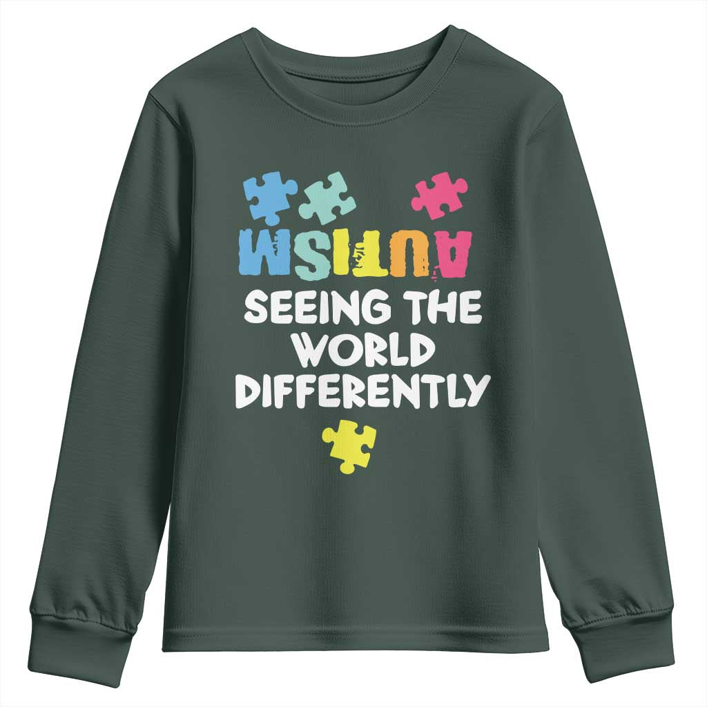 Autism Seeing The World Differently Youth Sweatshirt Autistic Autism Awareness Puzzle TS11 Dark Forest Green Print Your Wear
