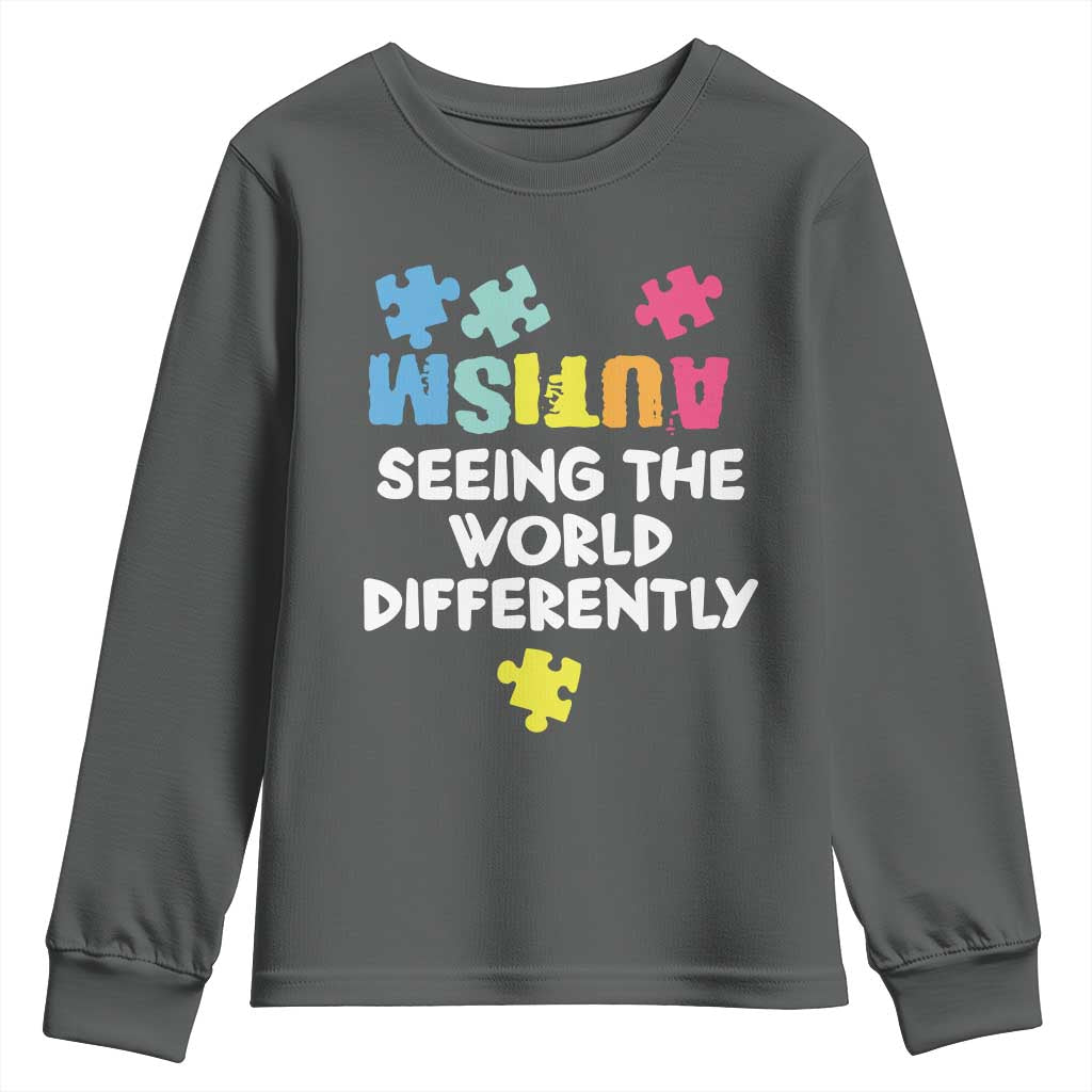 Autism Seeing The World Differently Youth Sweatshirt Autistic Autism Awareness Puzzle TS11 Dark Heather Print Your Wear
