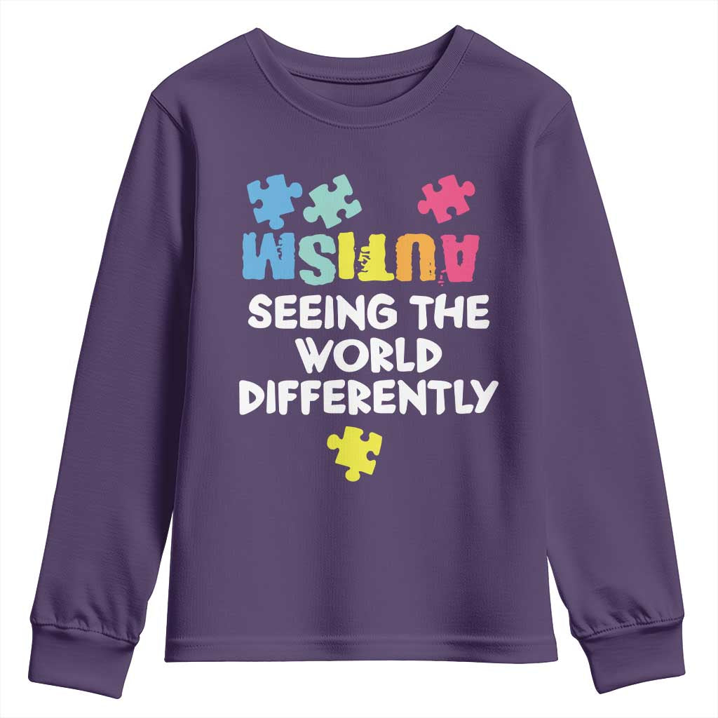 Autism Seeing The World Differently Youth Sweatshirt Autistic Autism Awareness Puzzle TS11 Purple Print Your Wear