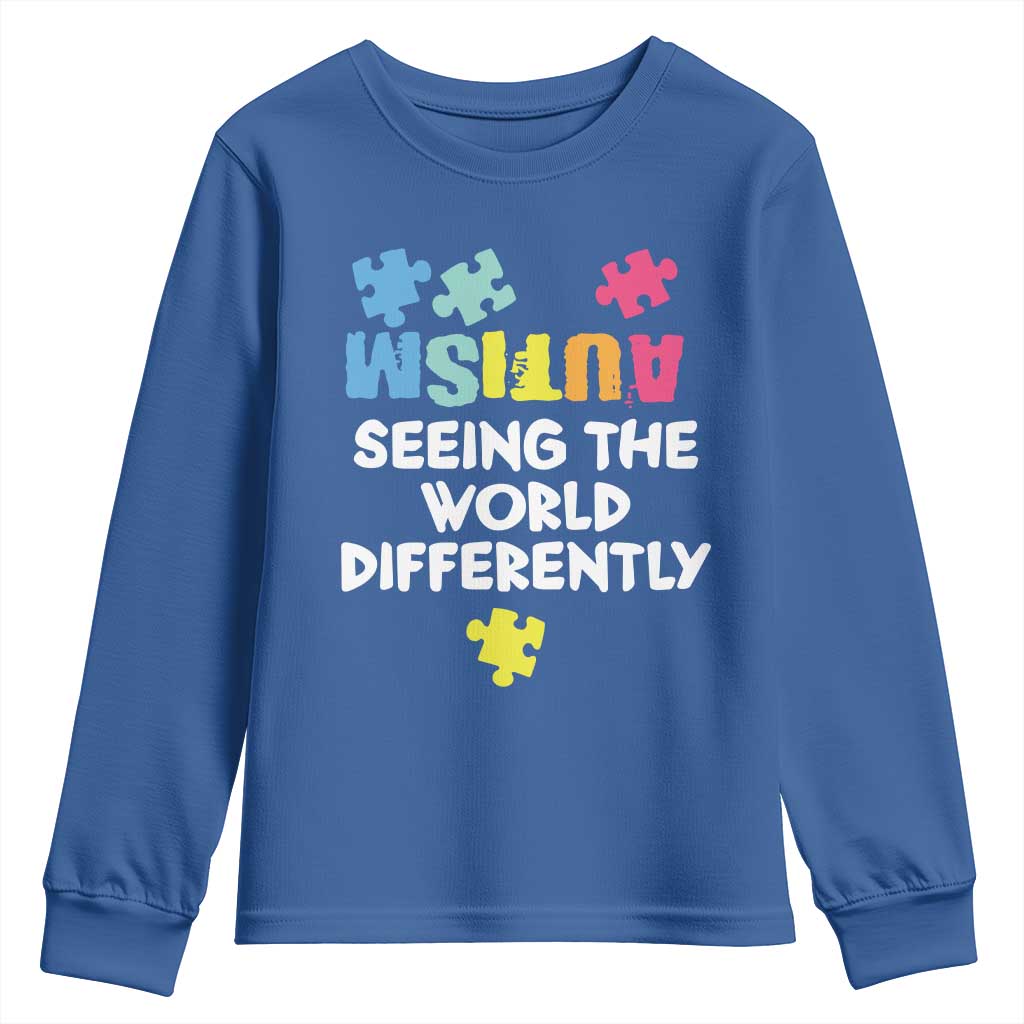 Autism Seeing The World Differently Youth Sweatshirt Autistic Autism Awareness Puzzle TS11 Royal Blue Print Your Wear