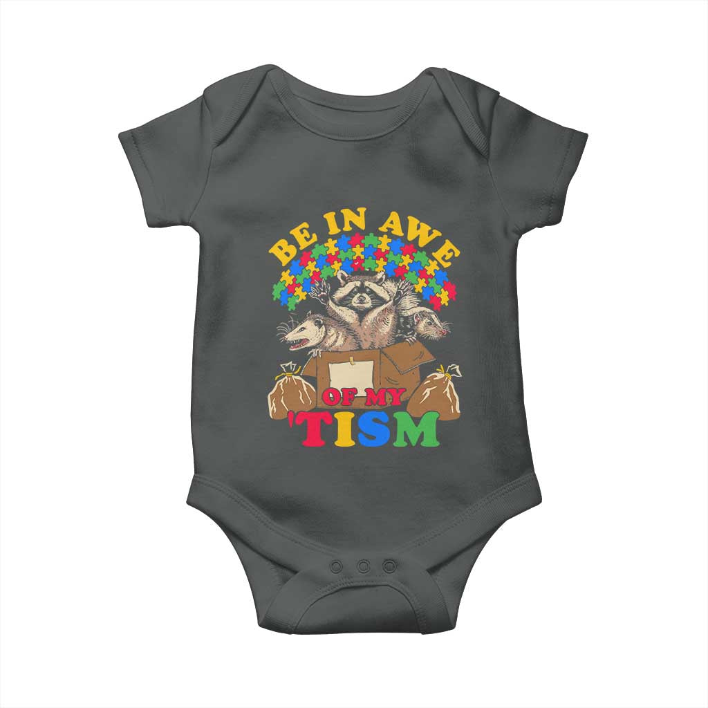 Funny Autism Awareness Baby Onesie Be In Awe Of My 'Tism Autistic Raccoon Opossum Skunk TS11 Dark Heather Print Your Wear