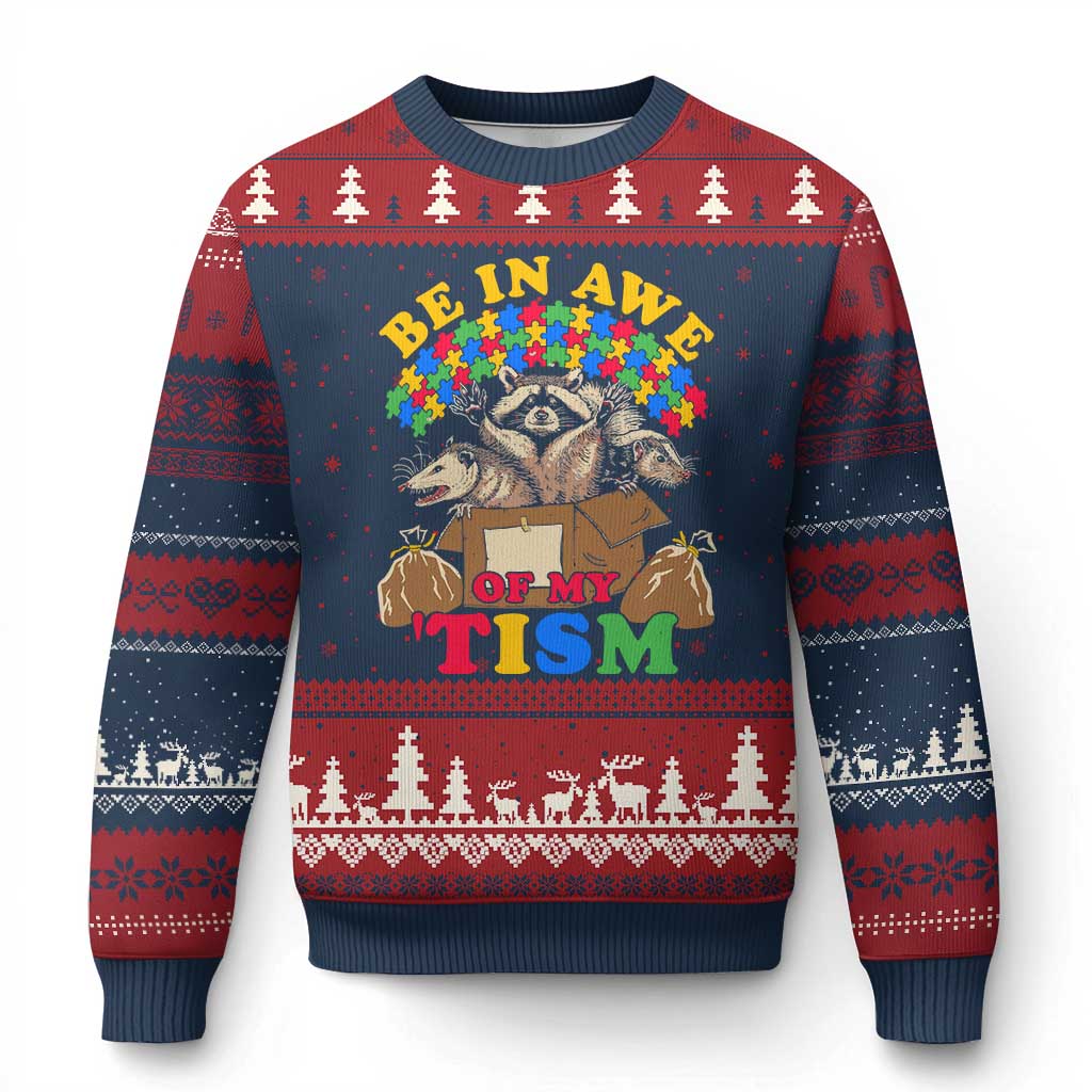 Funny Autism Awareness Ugly Christmas Sweater Be In Awe Of My 'Tism Autistic Raccoon Opossum Skunk TS11 Navy Red Print Your Wear