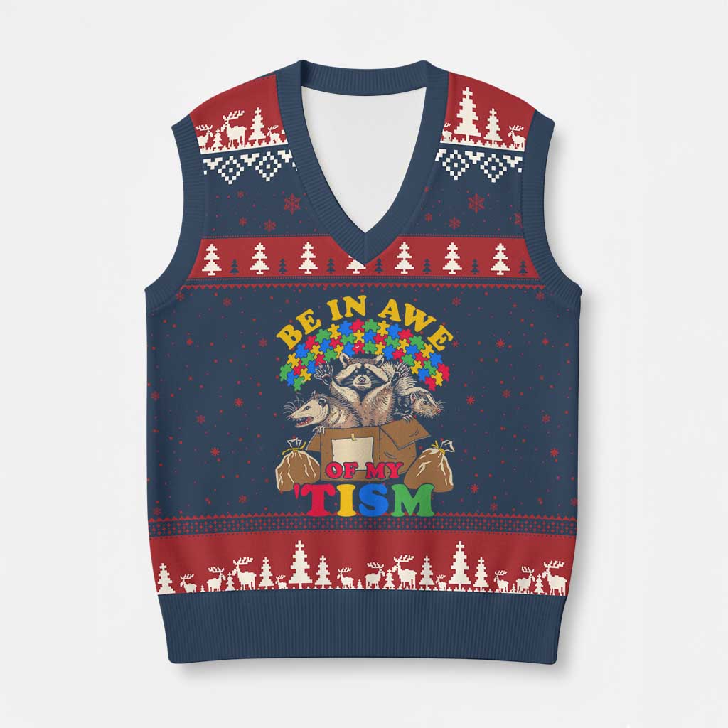 Funny Autism Awareness V-Neck Knit Sweater Vest Be In Awe Of My 'Tism Autistic Raccoon Opossum Skunk TS11 Navy Red Print Your Wear