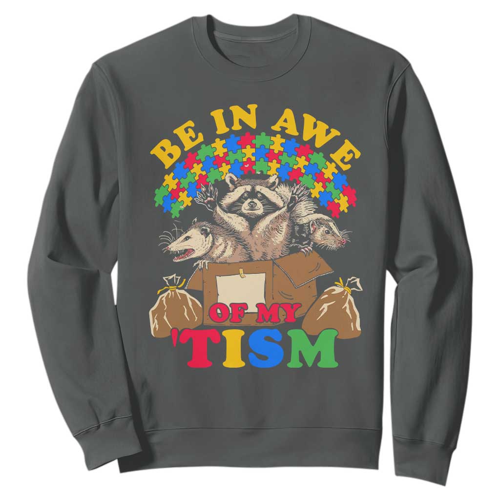 Funny Autism Awareness Sweatshirt Be In Awe Of My 'Tism Autistic Raccoon Opossum Skunk TS11 Dark Heather Print Your Wear