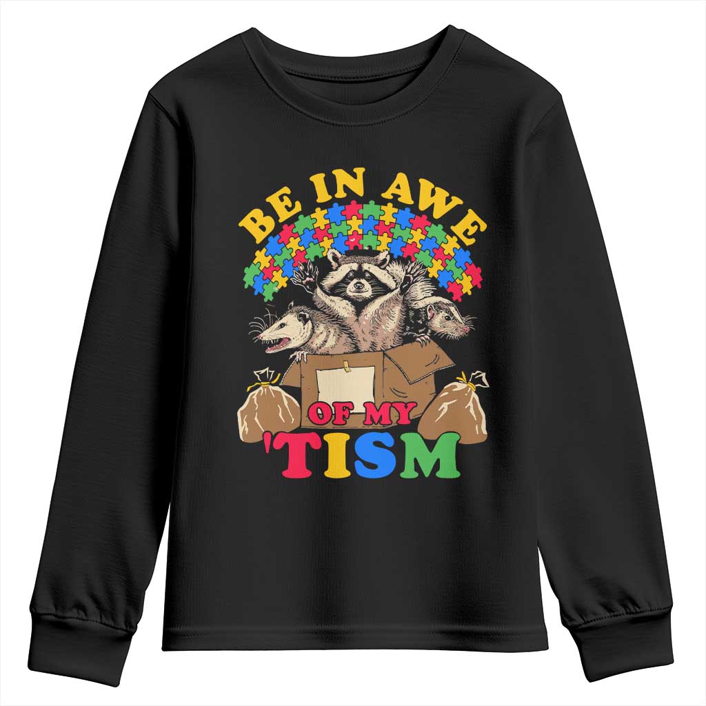 Funny Autism Awareness Youth Sweatshirt Be In Awe Of My 'Tism Autistic Raccoon Opossum Skunk TS11 Black Print Your Wear