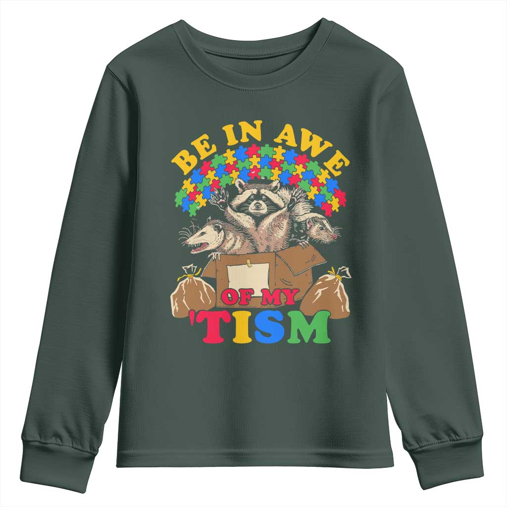 Funny Autism Awareness Youth Sweatshirt Be In Awe Of My 'Tism Autistic Raccoon Opossum Skunk TS11 Dark Forest Green Print Your Wear
