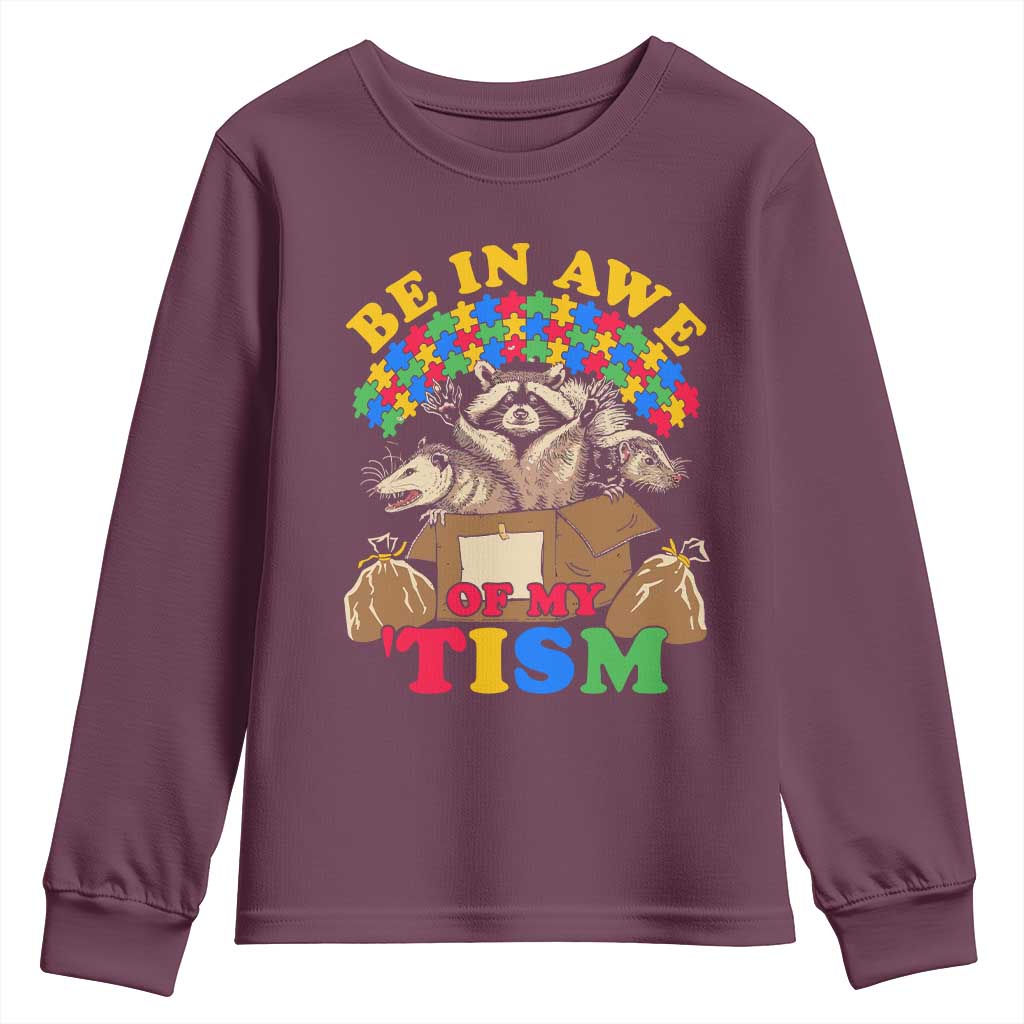 Funny Autism Awareness Youth Sweatshirt Be In Awe Of My 'Tism Autistic Raccoon Opossum Skunk TS11 Maroon Print Your Wear