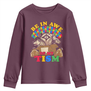 Funny Autism Awareness Youth Sweatshirt Be In Awe Of My 'Tism Autistic Raccoon Opossum Skunk TS11 Maroon Print Your Wear