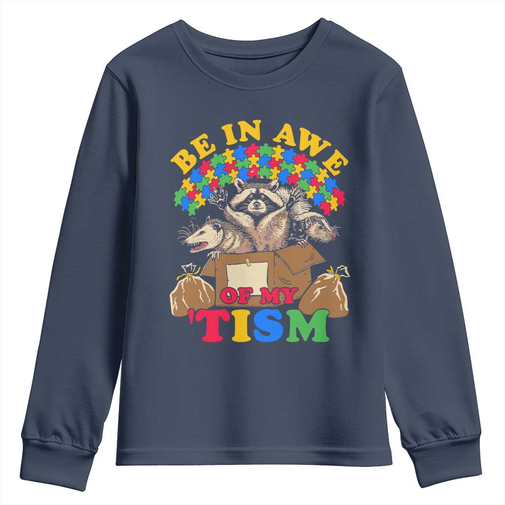 Funny Autism Awareness Youth Sweatshirt Be In Awe Of My 'Tism Autistic Raccoon Opossum Skunk TS11 Navy Print Your Wear