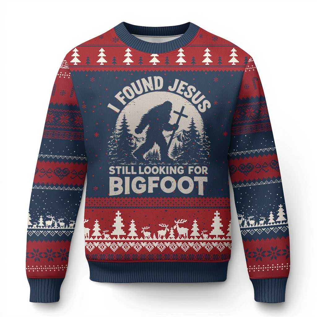 I Found Jesus Still Looking For Bigfoot Ugly Christmas Sweater Funny Christian Sasquatch Forest TS11 Navy Red Print Your Wear