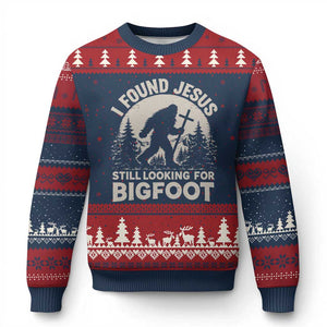 I Found Jesus Still Looking For Bigfoot Ugly Christmas Sweater Funny Christian Sasquatch Forest TS11 Navy Red Print Your Wear
