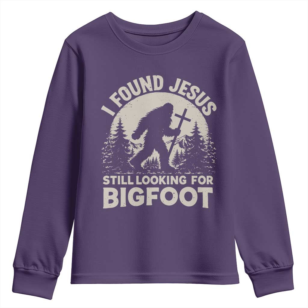I Found Jesus Still Looking For Bigfoot Youth Sweatshirt Funny Christian Sasquatch Forest TS11 Purple Print Your Wear