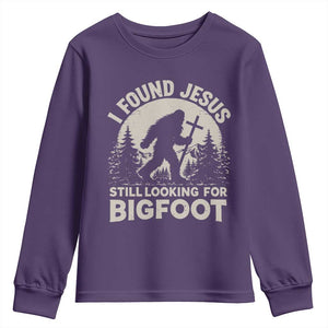 I Found Jesus Still Looking For Bigfoot Youth Sweatshirt Funny Christian Sasquatch Forest TS11 Purple Print Your Wear