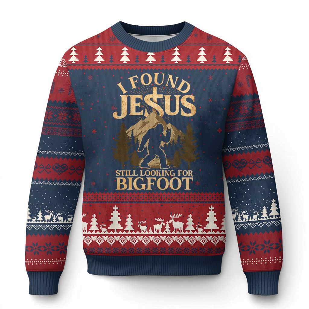 I Found Jesus Still Looking For Bigfoot Ugly Christmas Sweater Funny Christian Sasquatch Vintage Mountain TS11 Navy Red Print Your Wear