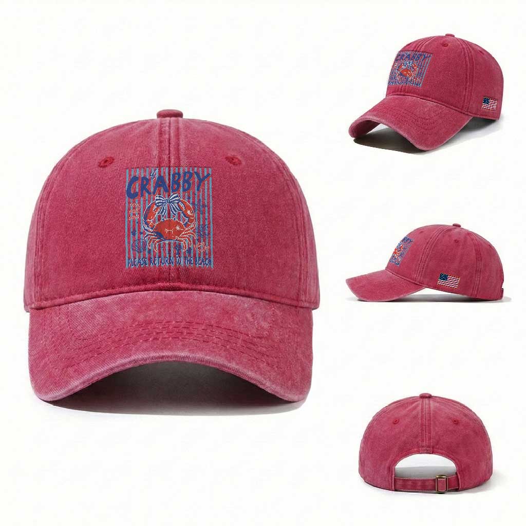 If Crabby Please Return To The Beach Washed Cotton Baseball Cap Funny Summer Girl TS11 Washed Cap Universal Fit Red Print Your Wear