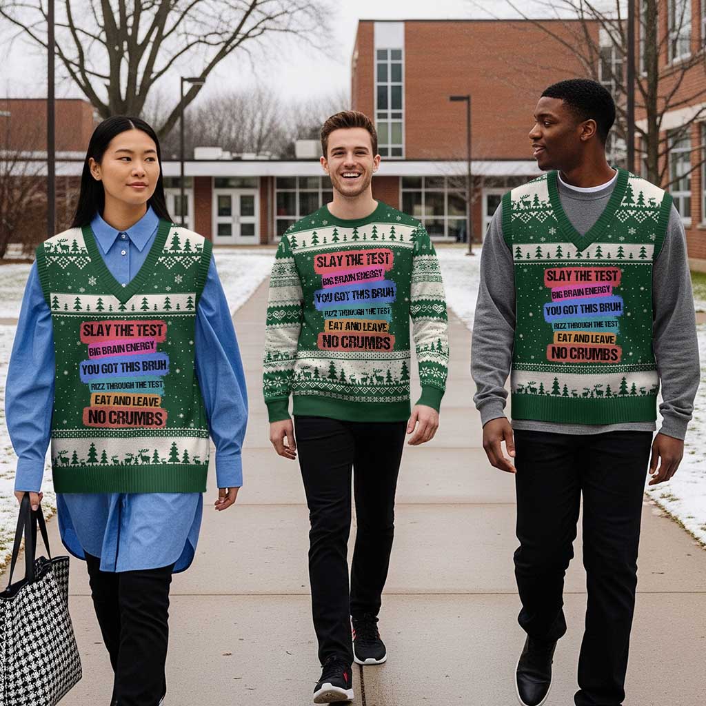 Test Day V-Neck Knit Sweater Vest Slay The Test Big Brain Energy Students Spirit TS11 Forest Green Beige Print Your Wear