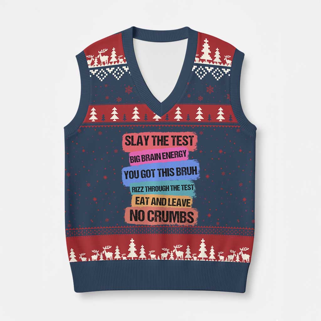 Test Day V-Neck Knit Sweater Vest Slay The Test Big Brain Energy Students Spirit TS11 Navy Red Print Your Wear