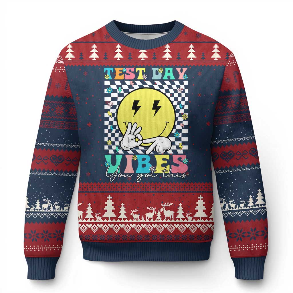 Test Day 67 Meme Ugly Christmas Sweater You Got This Testing Teacher Retro Grooves TS11 Navy Red Print Your Wear