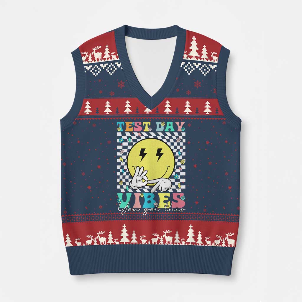 Test Day 67 Meme V-Neck Knit Sweater Vest You Got This Testing Teacher Retro Grooves TS11 Navy Red Print Your Wear